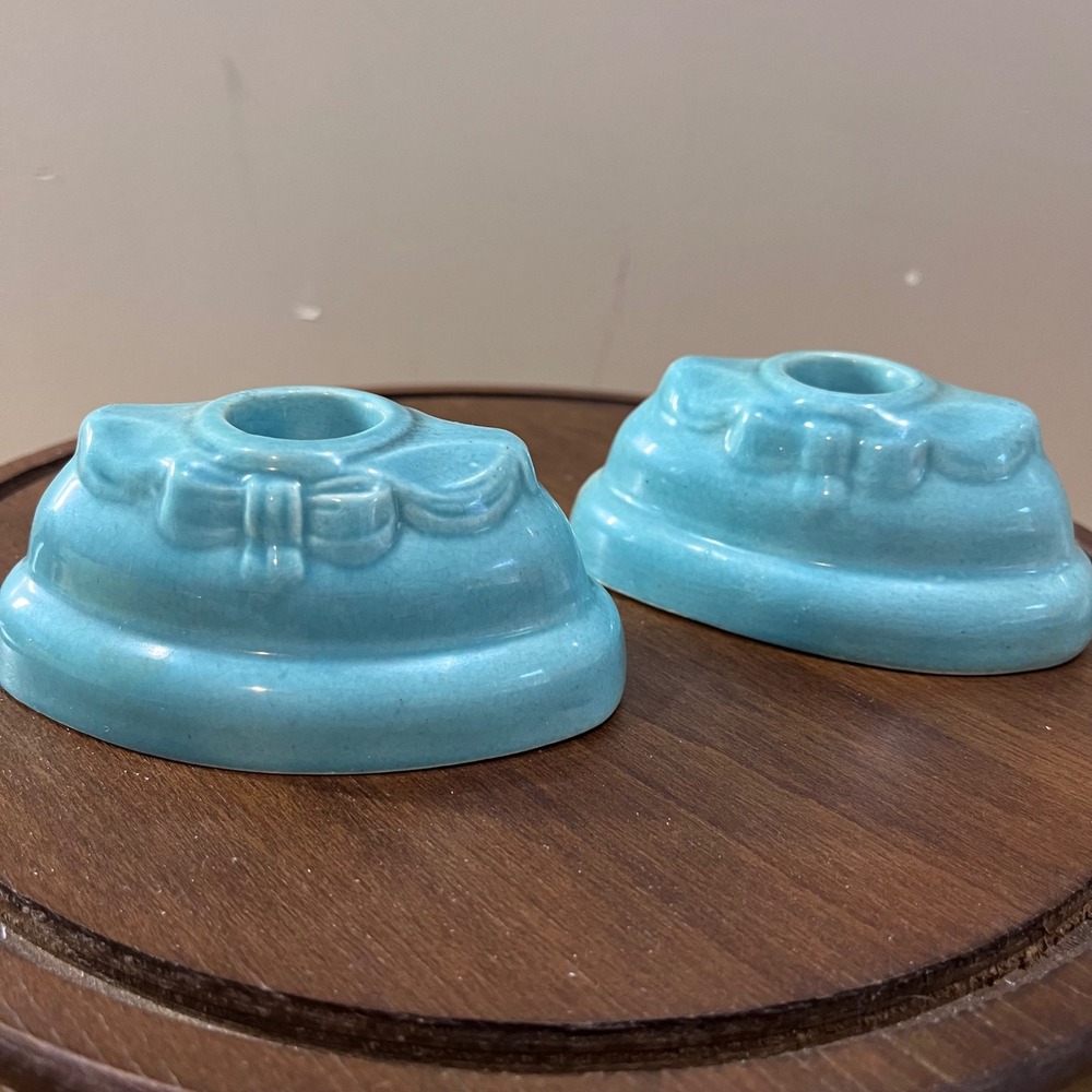 Vtg Art Pottery Aqua Blue Bow Candle Holder Set Mid Century Modern 2pc